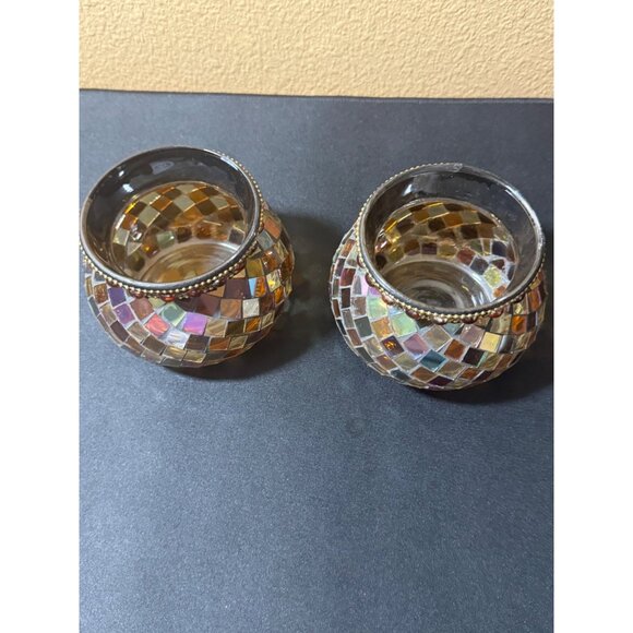 Party Lite Mosaic Glass Candle Holders With Gemstone Accents - Set Of 2 - Picture 2 of 5